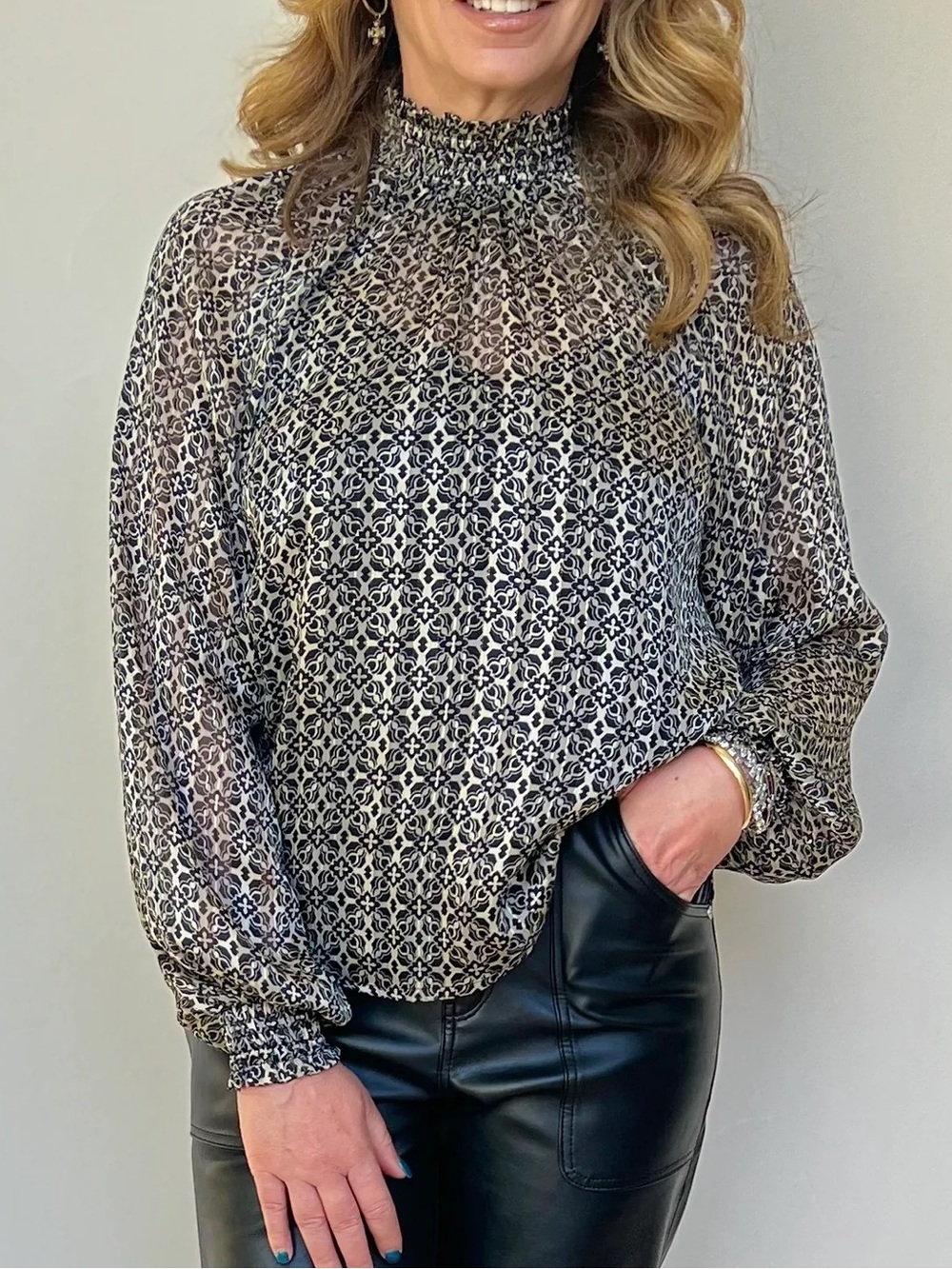 Lost + Wander Black Printed Smocked-Neck Blouse